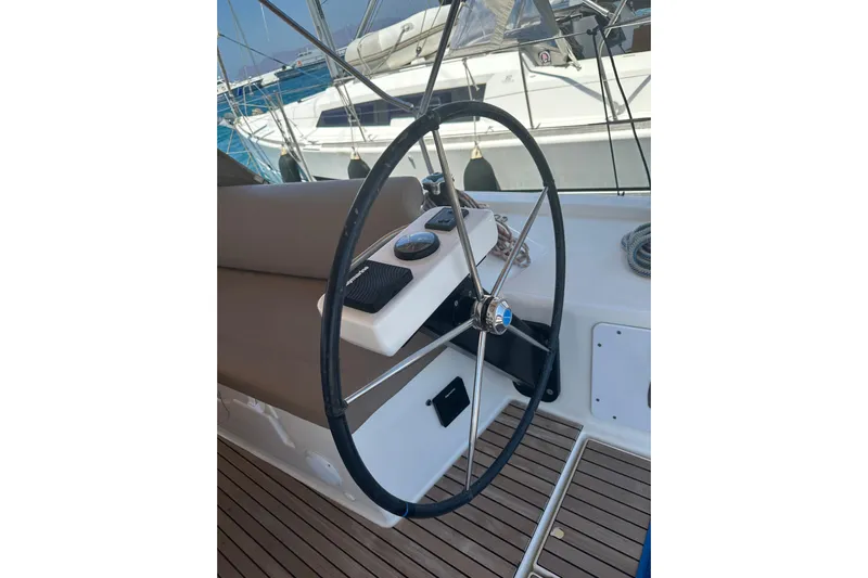  Yacht Photos Pics 2020 Dufour 430 yacht steering wheel and cockpit detail.