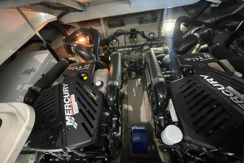  Yacht Photos Pics Engine room of 2007 Sea Ray 38 Sundancer with twin Mercury engines.