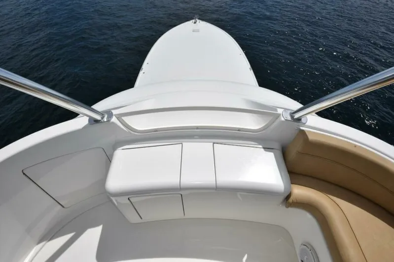 Another Day In Paradise Yacht Photos Pics 2017 Viking 80 Sky Bridge yacht bow view with sleek design and ocean backdrop.