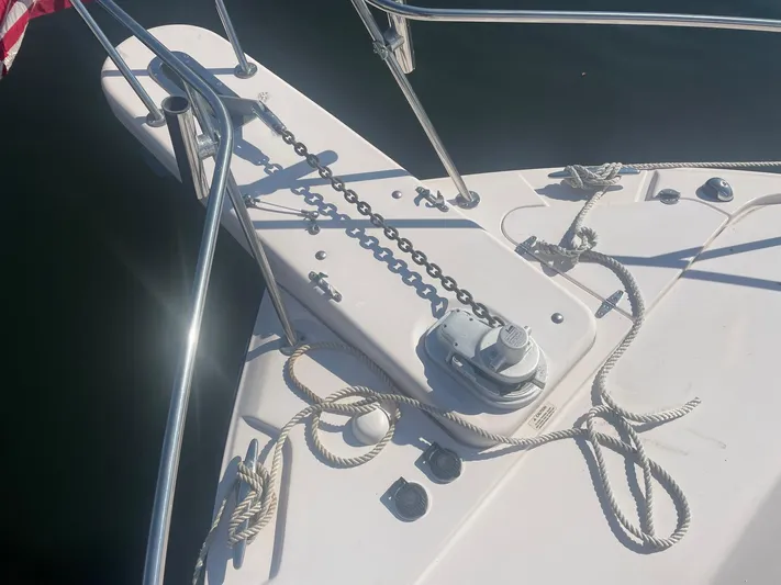  Yacht Photos Pics Bow of 2007 Grady-White Express 360 with anchor chain and ropes.