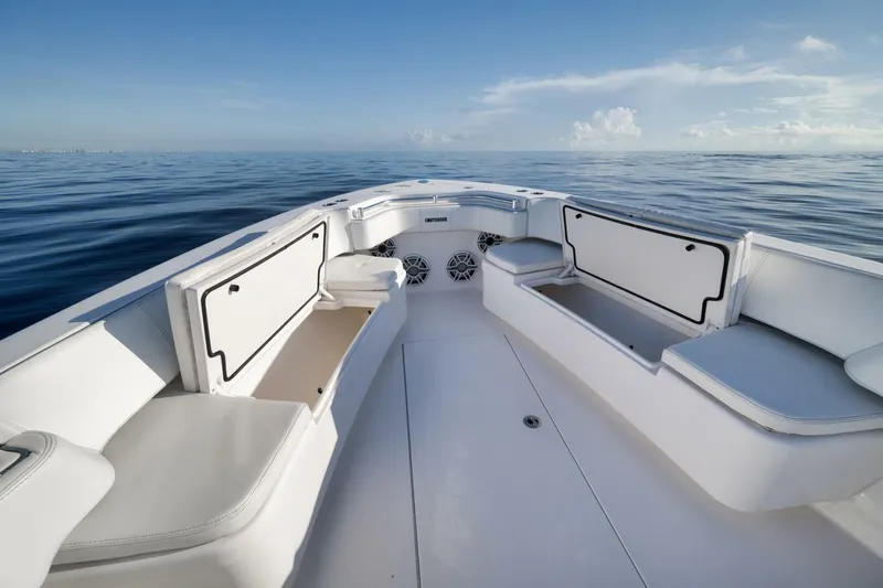 Top Shelf Too Yacht Photos Pics 2023 Contender 39 ST boat interior with spacious seating and ocean view.