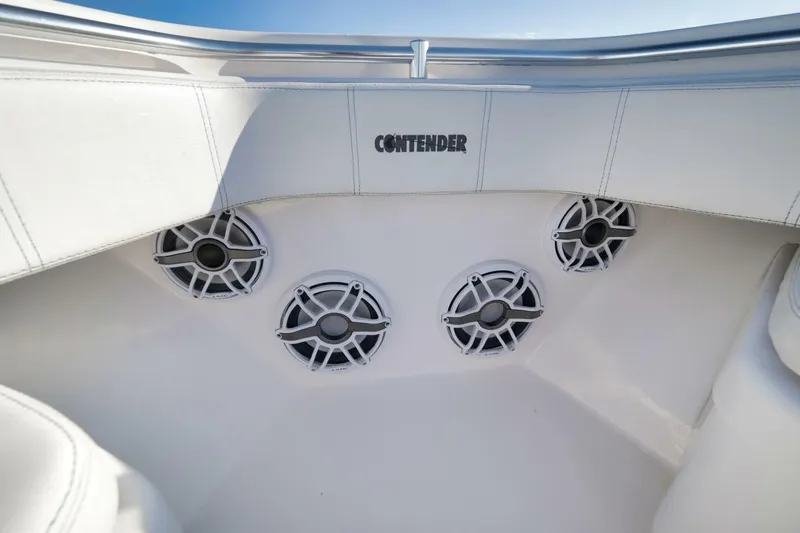 Top Shelf Too Yacht Photos Pics 2023 Contender 39 ST boat interior with speakers and branded upholstery.