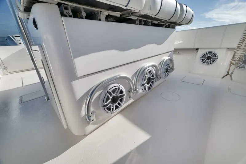 Top Shelf Too Yacht Photos Pics 2023 Contender 39 ST boat interior with sleek design and modern speaker system.