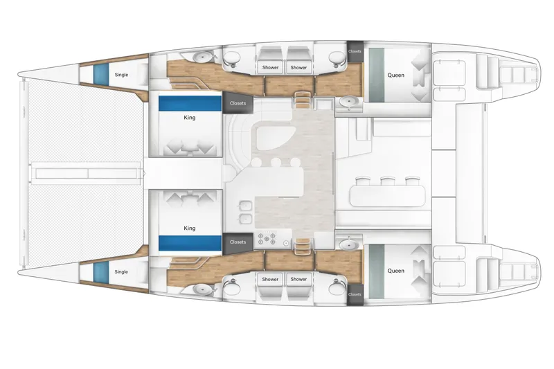 Moonstruck Yacht Photos Pics Floor plan of 2018 Voyage Yachts VOYAGE 480 catamaran with king, queen, and single beds.