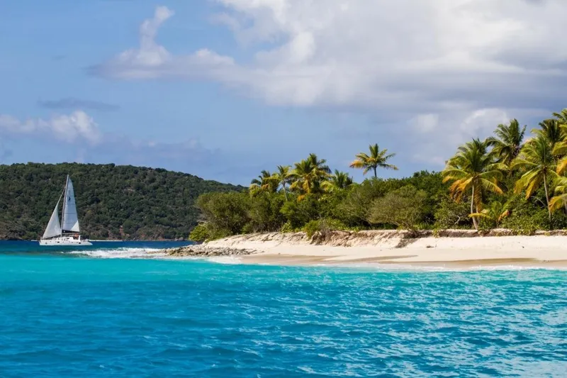 Moonstruck Yacht Photos Pics Sailboat Voyage Yachts VOYAGE 480 near tropical beach with turquoise water, 2018 model.