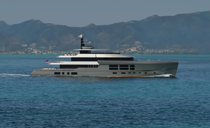 Project Metaverse Yacht Photos Pics Luxurious Delta Gregory C Marshall 63m NFT yacht cruising in clear blue waters, 2027 model.