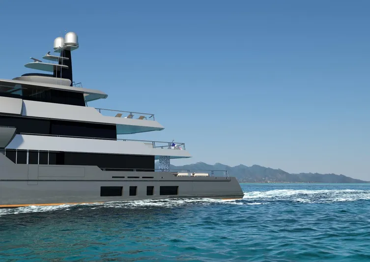 Project Metaverse Yacht Photos Pics Modern Delta Gregory C Marshall 63m NFT yacht cruising in clear blue waters, 2027 model.