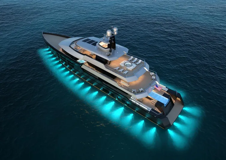 Project Metaverse Yacht Photos Pics Luxury Delta Gregory C Marshall 63m NFT yacht, 2027 model, with underwater lights, cruising at dusk.