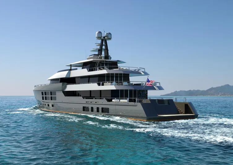 Project Metaverse Yacht Photos Pics Luxury yacht Delta Gregory C Marshall 63m NFT 2027 cruising on clear blue waters.