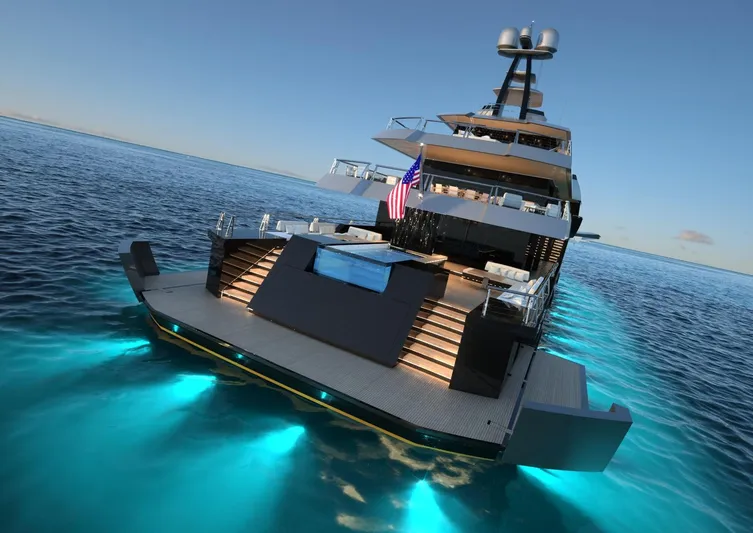 Project Metaverse Yacht Photos Pics Luxury yacht Delta Gregory C Marshall 63m NFT 2027 with underwater lights and American flag.