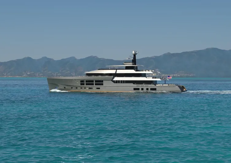 Project Metaverse Yacht Photos Pics Luxury yacht Delta Gregory C Marshall 63m NFT 2027 cruising on clear blue waters.