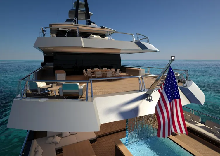 Project Metaverse Yacht Photos Pics Luxury yacht Delta Gregory C Marshall 63m NFT 2027 with American flag, ocean view, and deck pool.