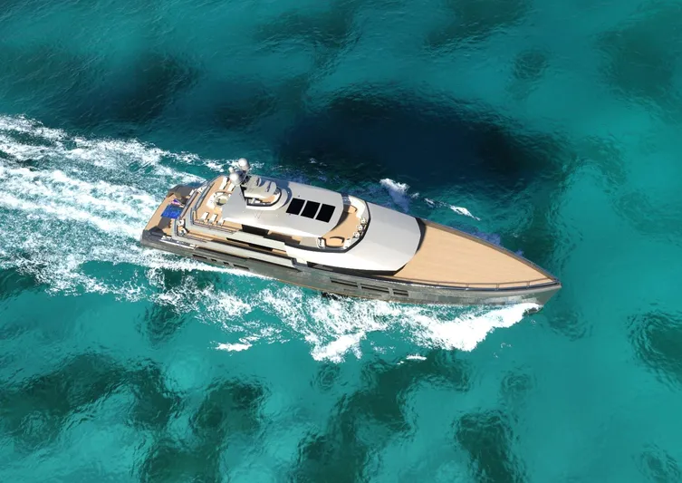 Project Metaverse Yacht Photos Pics Aerial view of Delta Gregory C Marshall 63m NFT yacht cruising in clear blue waters, 2027 model.