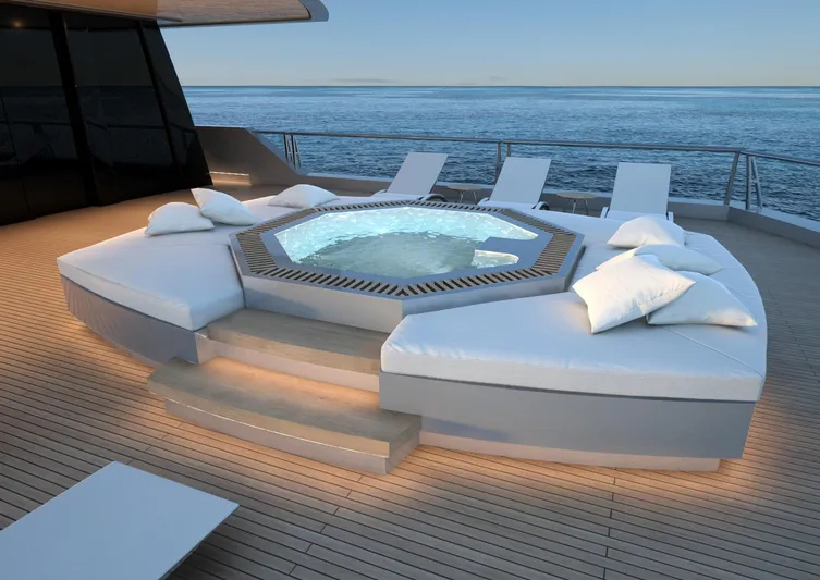 Project Metaverse Yacht Photos Pics Luxurious deck with hot tub on Delta Gregory C Marshall 63m NFT yacht, 2027 model.