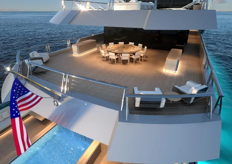 Project Metaverse Yacht Photos Pics Luxurious deck of Delta Gregory C Marshall 63m NFT yacht, 2027 model, featuring pool and dining area.