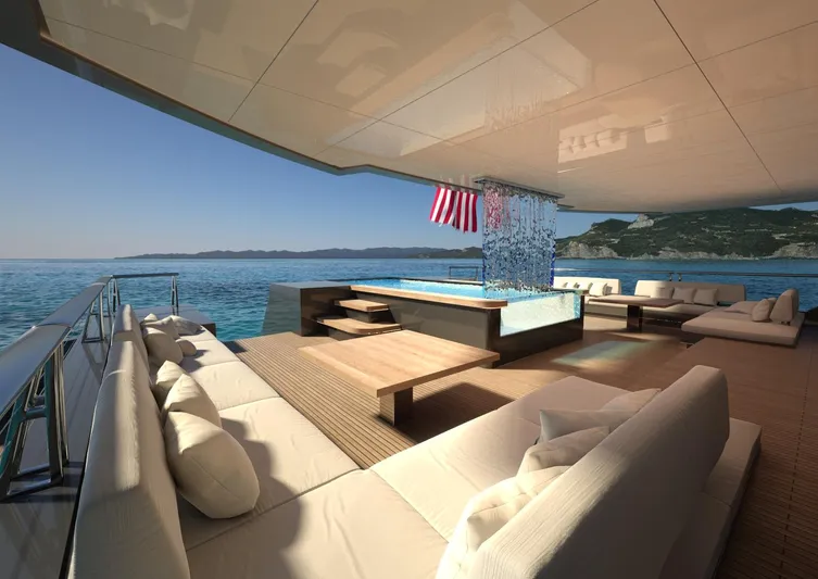 Project Metaverse Yacht Photos Pics Luxurious Delta Gregory C Marshall 63m NFT yacht, 2027 model, featuring a stunning outdoor lounge and pool.