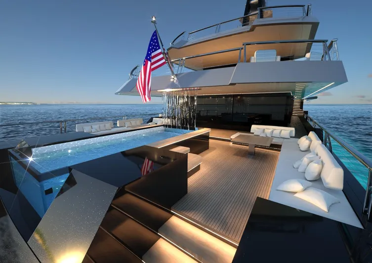 Project Metaverse Yacht Photos Pics Luxury yacht Delta Gregory C Marshall 63m NFT 2027 with pool and lounge area at sea.