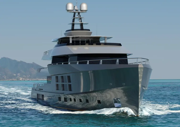 Project Metaverse Yacht Photos Pics Luxurious 2027 Delta Gregory C Marshall 63m NFT yacht cruising on the ocean.