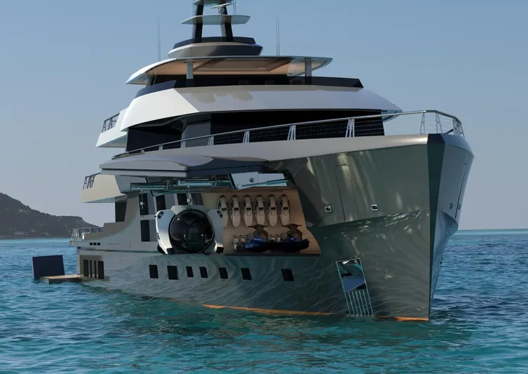 Project Metaverse Yacht Photos Pics Delta Gregory C Marshall 63m NFT yacht 2027 on serene blue waters.