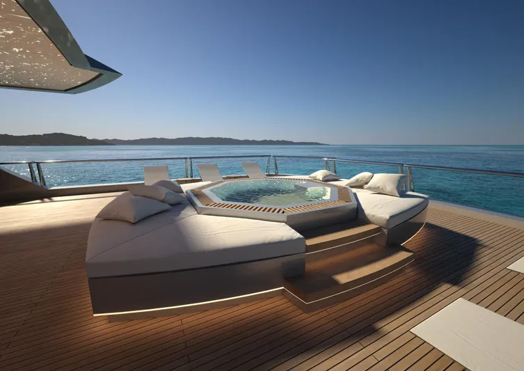 Project Metaverse Yacht Photos Pics Luxurious deck with hot tub on Delta Gregory C Marshall 63m NFT yacht, 2027 model.