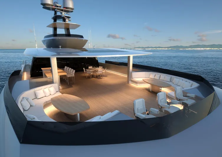 Project Metaverse Yacht Photos Pics Luxurious deck of Delta Gregory C Marshall 63m NFT yacht, 2027 model, with elegant seating and dining area.