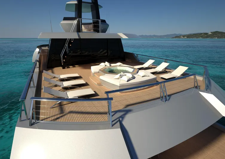 Project Metaverse Yacht Photos Pics Luxurious deck of Delta Gregory C Marshall 63m NFT yacht, 2027 model, with sun loungers and jacuzzi.