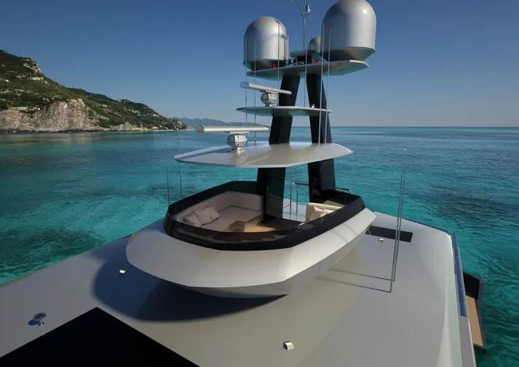 Project Metaverse Yacht Photos Pics Luxury Delta Gregory C Marshall 63m NFT yacht, 2027 model, cruising in clear blue waters.