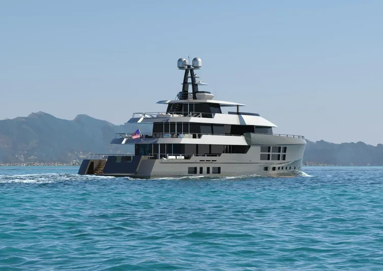 Project Metaverse Yacht Photos Pics Luxury yacht Delta Gregory C Marshall 63m NFT 2027 cruising on blue ocean near mountains.