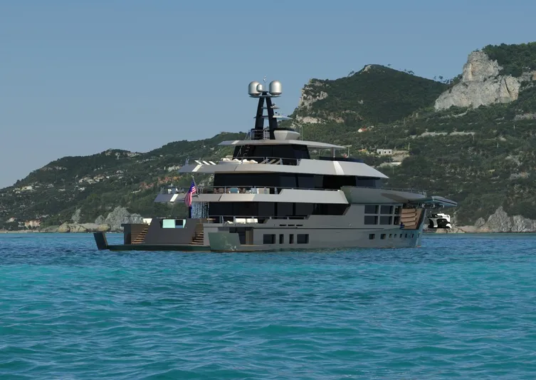 Project Metaverse Yacht Photos Pics Luxury yacht Delta Gregory C Marshall 63m NFT 2027 cruising near scenic coastline.