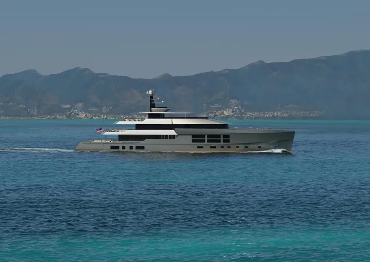 Project Metaverse Yacht Photos Pics Luxury yacht Delta Gregory C Marshall 63m NFT 2027 cruising on clear blue waters.