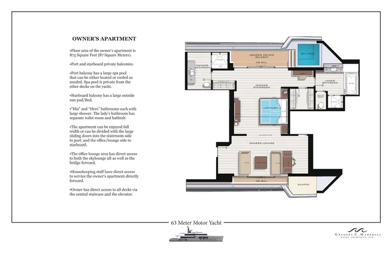 Project Metaverse Yacht Photos Pics Floor plan of the owner's apartment on the Delta Gregory C Marshall 63m NFT yacht, 2027 model.