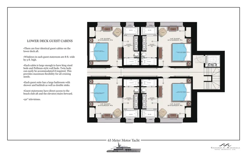 Project Metaverse Yacht Photos Pics Lower deck guest cabins layout of Delta Gregory C Marshall 63m NFT yacht, 2027 model.