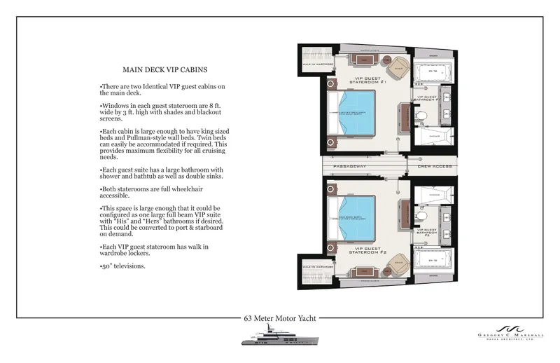 Project Metaverse Yacht Photos Pics Main deck VIP cabins layout of Delta Gregory C Marshall 63m NFT yacht, 2027 model.