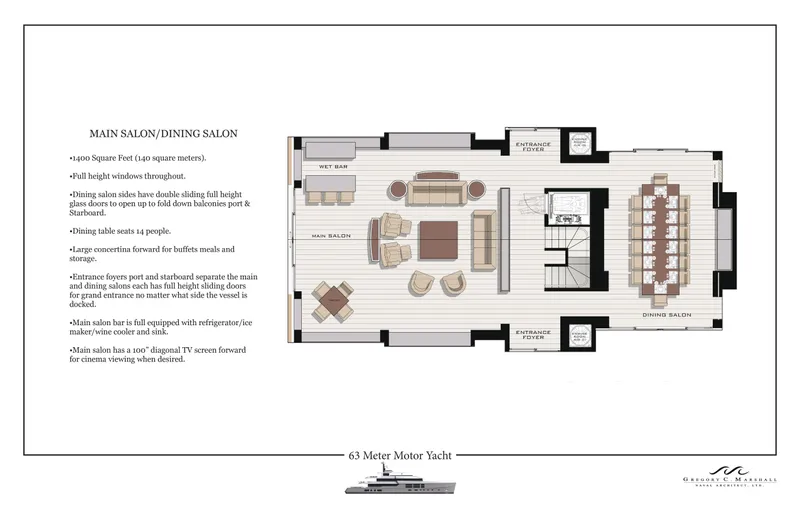 Project Metaverse Yacht Photos Pics Floor plan of the main salon and dining area on a 2027 Delta Gregory C Marshall 63m yacht.