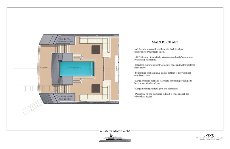 Project Metaverse Yacht Photos Pics Main deck layout of Delta Gregory C Marshall 63m NFT yacht, featuring a pool and seating areas.