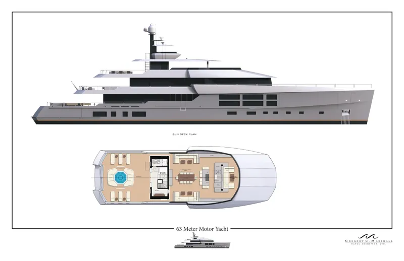 Project Metaverse Yacht Photos Pics Delta Gregory C Marshall 63m NFT yacht, 2027 model, side view and deck plan.