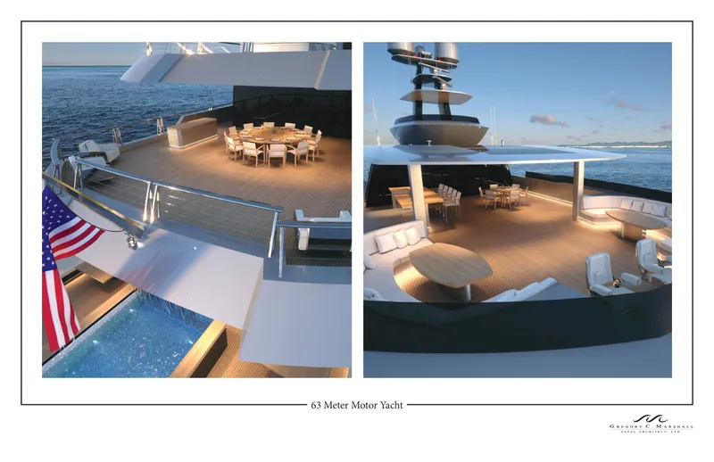 Project Metaverse Yacht Photos Pics Delta Gregory C Marshall 63m NFT 2027 luxury motor yacht deck and seating area.