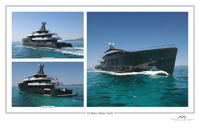 Project Metaverse Yacht Photos Pics Delta Gregory C Marshall 63m NFT 2027 luxury motor yacht on open water.