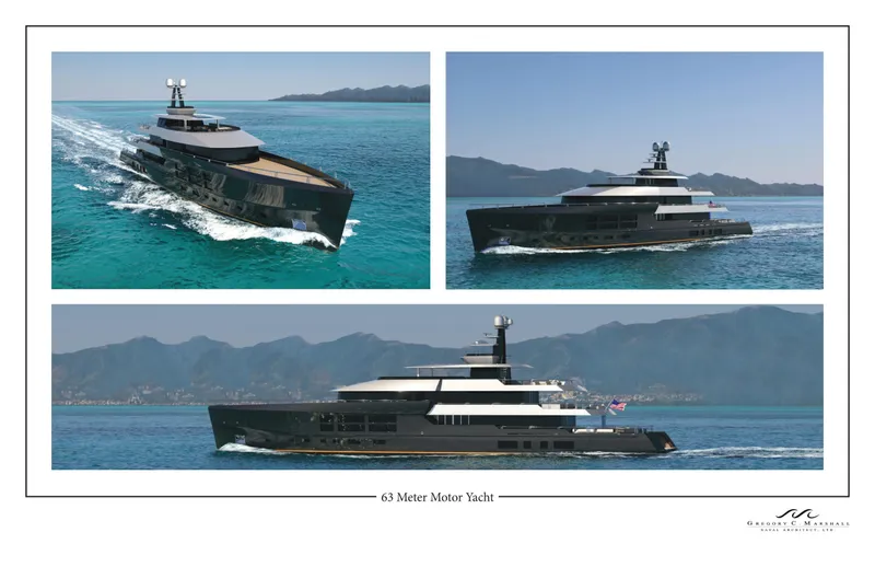 Project Metaverse Yacht Photos Pics Delta Gregory C Marshall 63m NFT yacht, 2027 model, cruising in open waters.