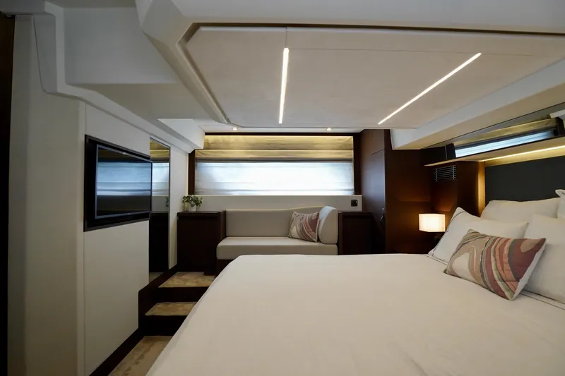  Yacht Photos Pics Luxurious interior of 2023 Prestige 460 yacht with modern bedroom design.