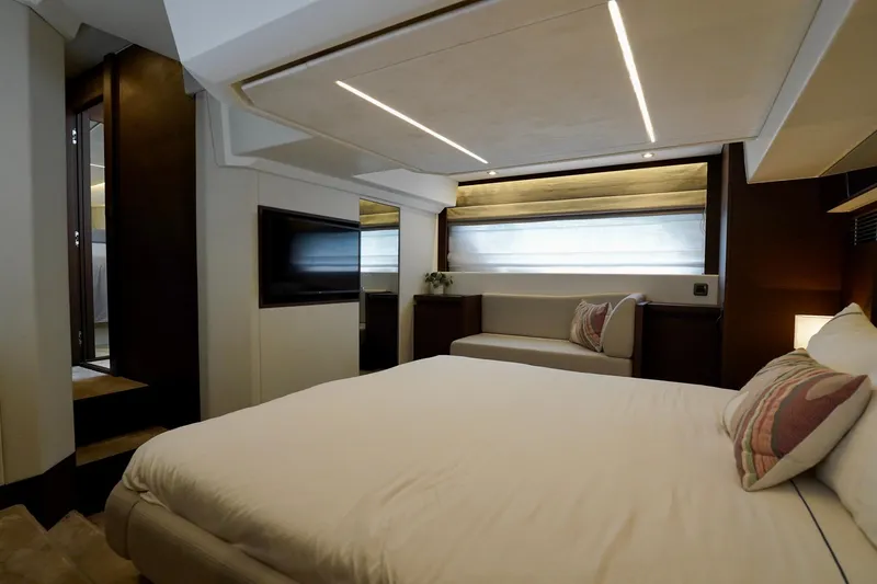  Yacht Photos Pics Luxurious interior of 2023 Prestige 460 yacht with modern bedroom design.