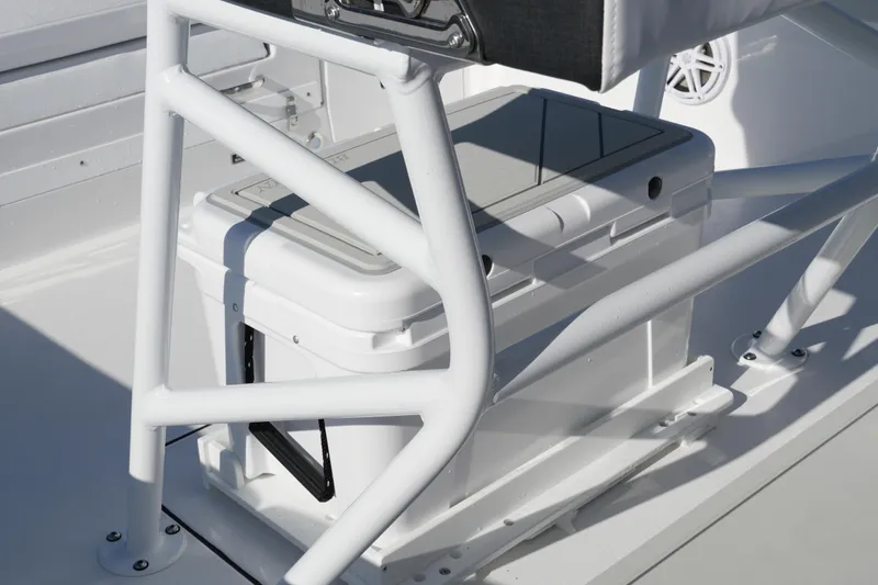 Your Next Boat! Yacht Photos Pics 2026 Blackfin 242 HB boat interior with white cooler and seating frame.