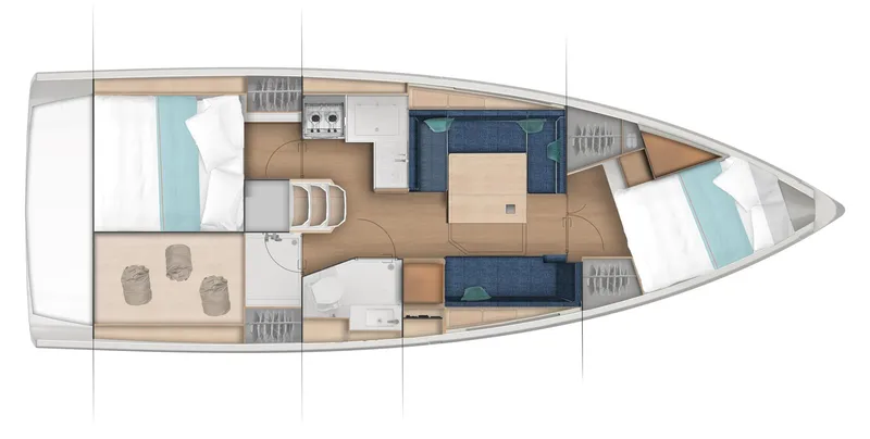  Yacht Photos Pics 2024 Jeanneau 380 yacht interior layout with bedrooms, kitchen, and seating area.