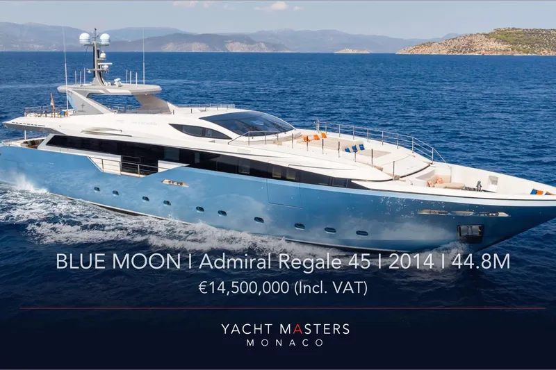 Blue Moon Yacht Photos Pics Luxurious 2014 Admiral Regale 45 yacht "Blue Moon" cruising in open sea, priced at &euro;14.5M.