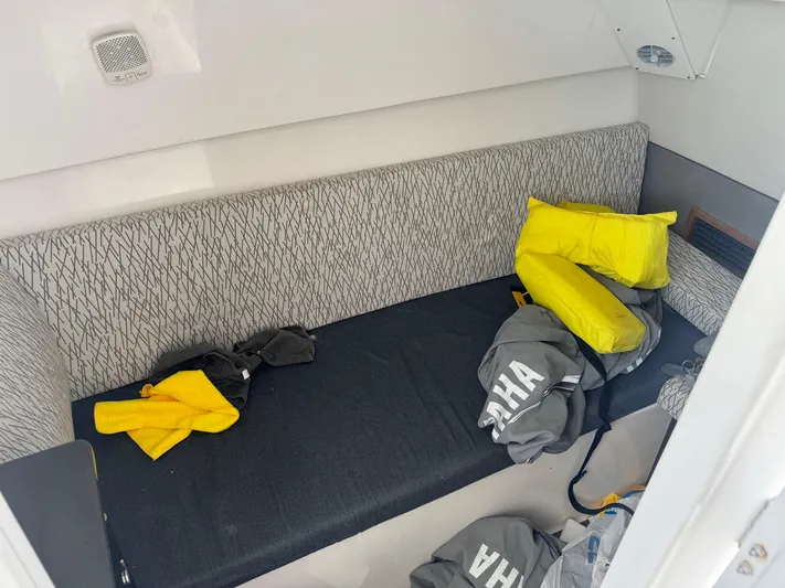  Yacht Photos Pics Interior cabin of 2019 Everglades 340 Dual Console with seating and life jackets.