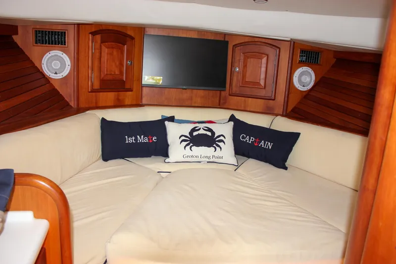 Sunny Daze Yacht Photos Pics Luxurious interior of 2008 Hinckley Talaria 38R Convertible with nautical-themed cushions.