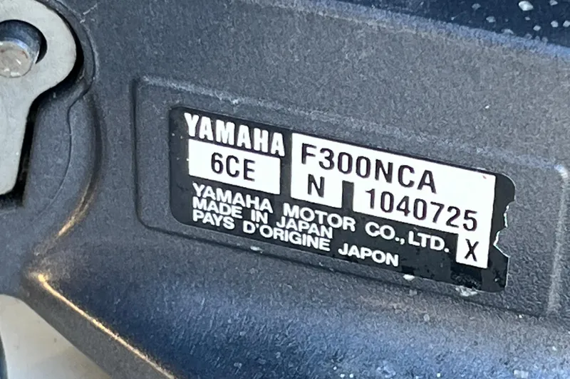 Reel E Blessed Yacht Photos Pics Yamaha F300NCA engine label on 2017 Grady-White Express 330, made in Japan.