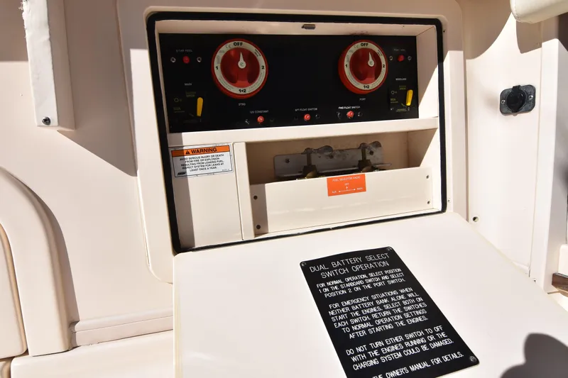 Reel E Blessed Yacht Photos Pics Control panel of a 2017 Grady-White Express 330 boat, featuring dual battery switches.