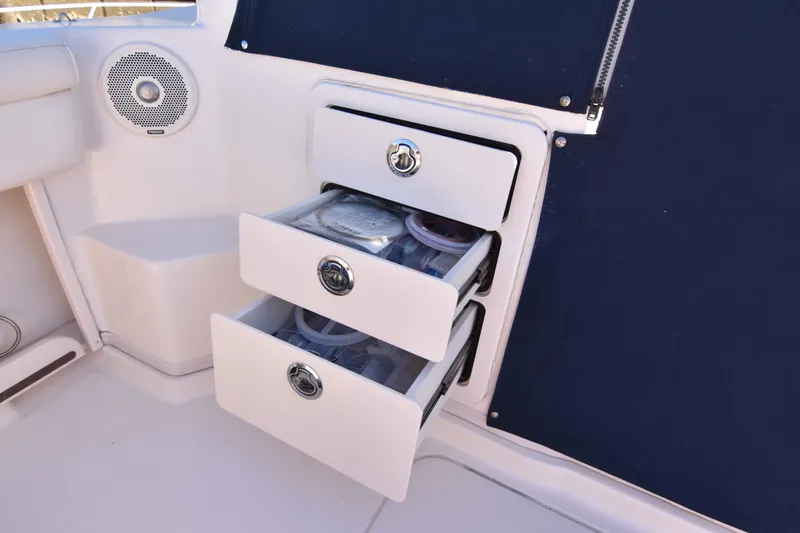 Reel E Blessed Yacht Photos Pics Storage drawers on 2017 Grady-White Express 330 boat, featuring organized compartments.