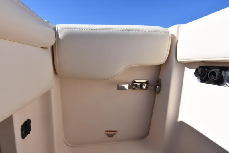 Reel E Blessed Yacht Photos Pics 2017 Grady-White Express 330 boat interior detail with latch and seating.